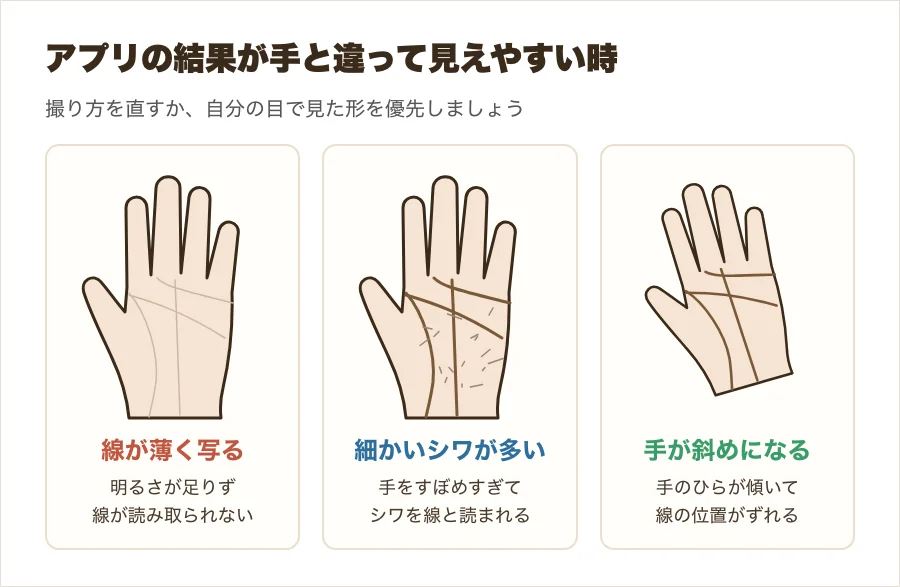 アプリの結果が手の実際と違って見えやすい3つのケースを並べた図