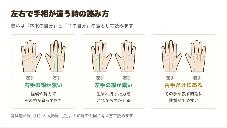 右手と左手で手相が違う時の読み方を3つのケースで並べた図