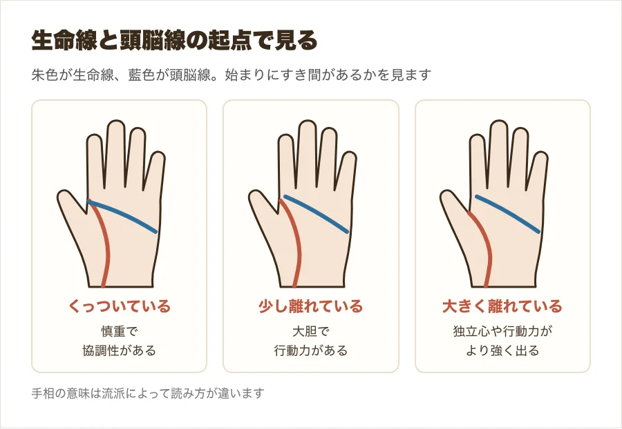 生命線と頭脳線の起点がくっついている・少し離れている・大きく離れている手を3つ並べて比べた図解