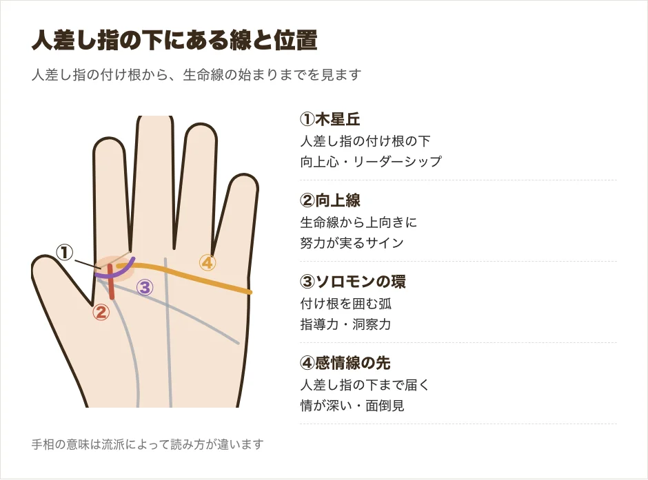 手相で人差し指の下の線の位置を示した図解。木星丘、生命線から伸びる向上線、ソロモンの環、人差し指の下まで届く感情線