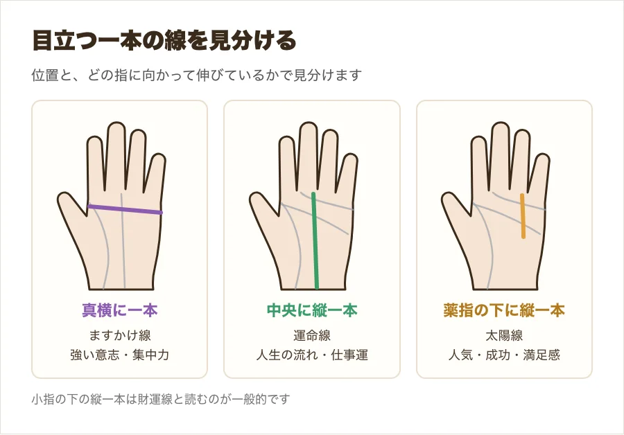 真横に一本のますかけ線、縦に一本の運命線、薬指の下の太陽線を並べた図