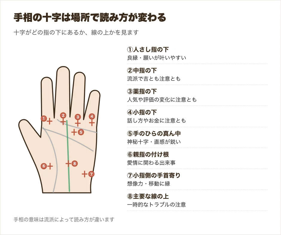 手相の十字ができる場所を示した図解。人さし指の下、中指の下、薬指の下、小指の下、手のひらの真ん中、親指の付け根、月丘、線の上の8か所