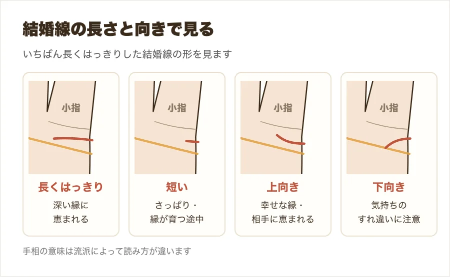 結婚線の長さと向きの違いを、長い・短い・上向き・下向きの4つの拡大図で比べた図解