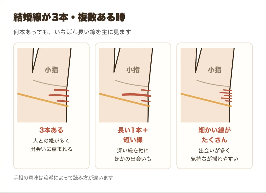 結婚線が3本以上ある時の形を、3本・長い1本と短い複数・細かい線がたくさんの3つの拡大図で比べた図解