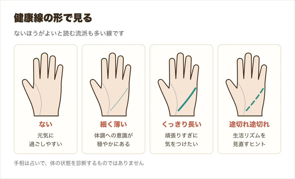 健康線がない・薄く細い・くっきり長い・途切れ途切れの4つの形を、小さな手のひらで比べた図解
