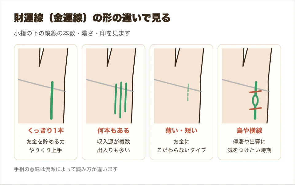 財運線の形の違い、くっきり1本・何本もある・薄い・途中に島や横線の4つを並べた図解