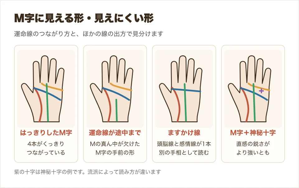 M字のはっきりした形・運命線が途中で止まる形・ますかけ線の形・M字と神秘十字がある形を並べた比較図