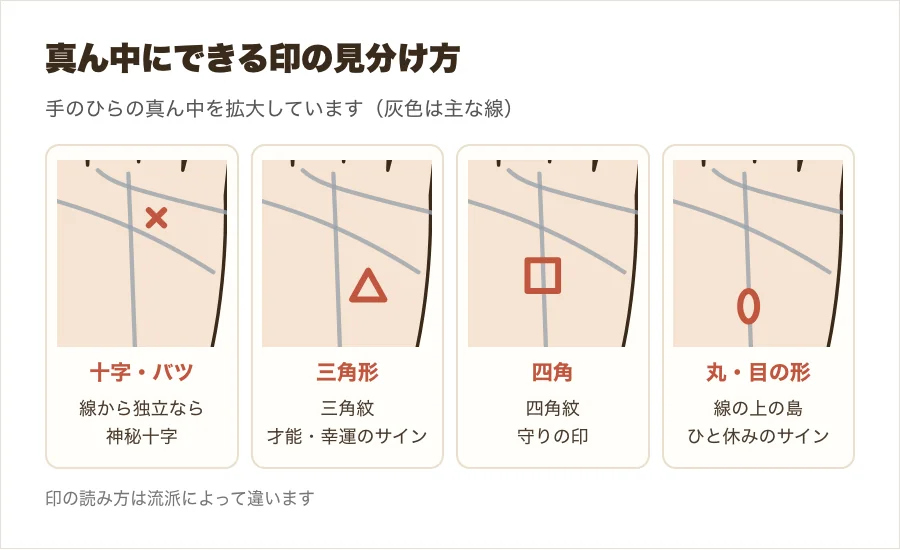 手のひらの真ん中にできる十字・三角形・四角・島の形を比べた図