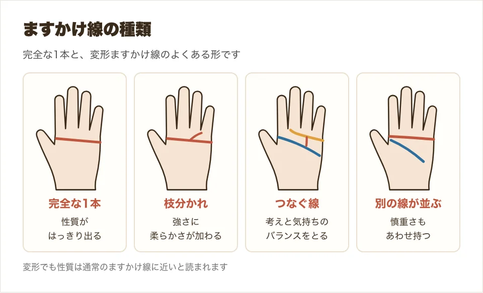 完全なますかけ線、枝分かれするもの、つなぐ線があるもの、横線と頭脳線が並ぶものの4つを並べた図解