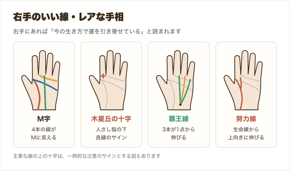 右手のM字・十字・覇王線・努力線の形を並べた図