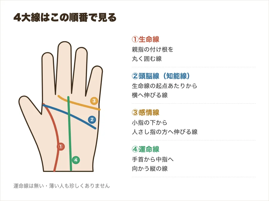 手相の4大線を見る順番(生命線・頭脳線・感情線・運命線)を番号で示した図