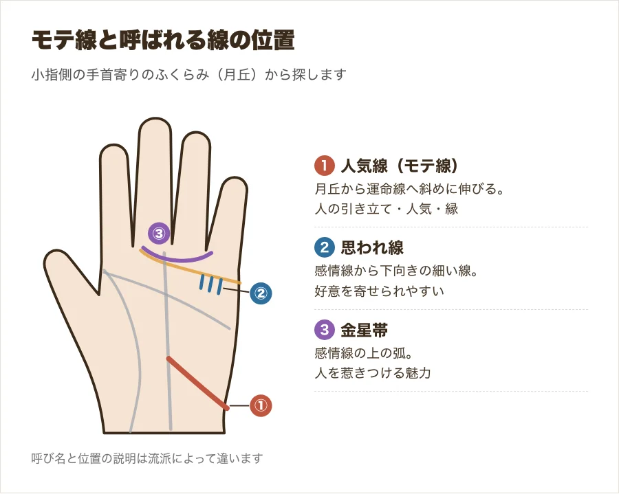 モテ線と呼ばれる人気線・思われ線・金星帯の位置を手のひらの図で示した図解