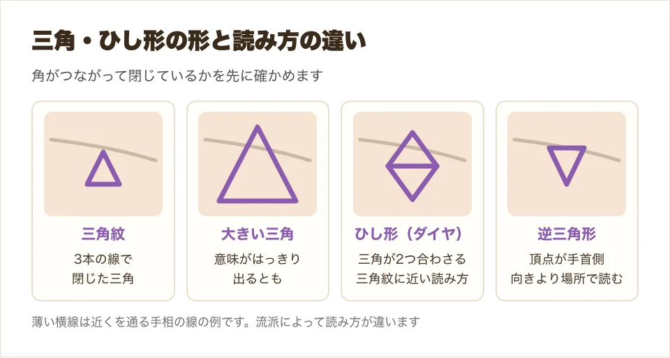 三角紋・大きい三角・ひし形(ダイヤ)・逆三角形の形を並べて、読み方の違いを比べた図解