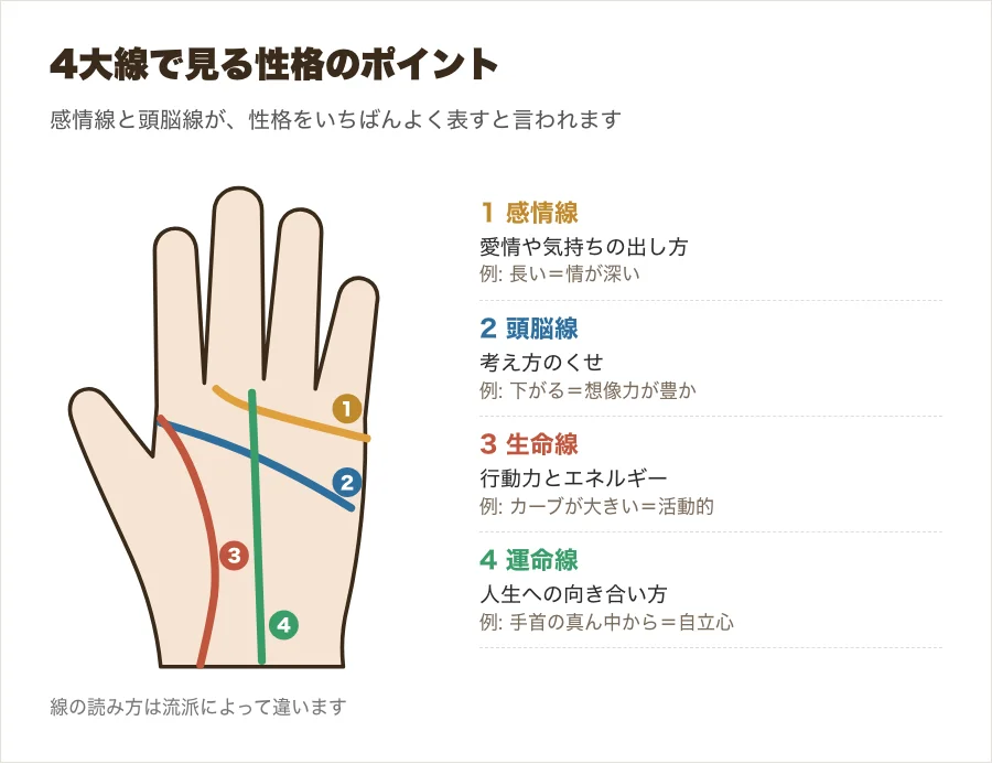 感情線・頭脳線・生命線・運命線の位置と、それぞれの線で見る性格を示した図解