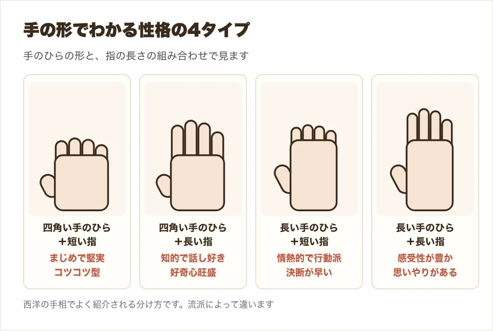 手のひらの形と指の長さの組み合わせで分けた、手の形の4つのタイプと性格の図解