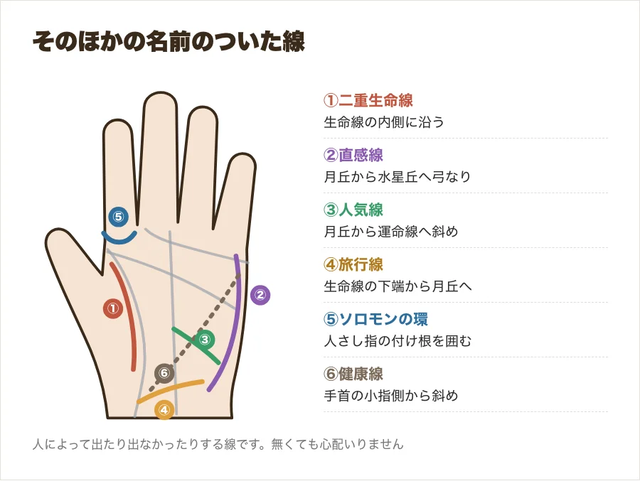 二重生命線・直感線・人気線・旅行線・ソロモンの環・健康線の位置を示した図