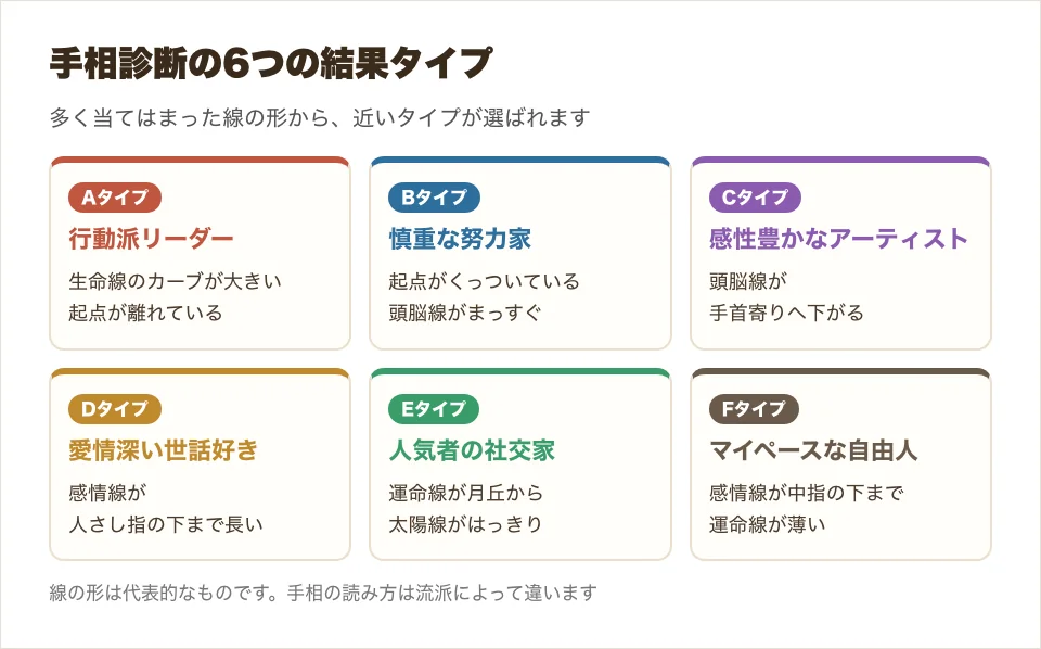 手相診断の6つの結果タイプと、それぞれに多い線の特徴を並べた図解