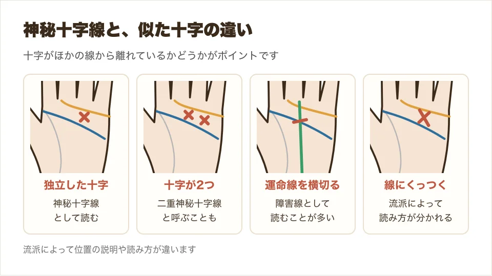 独立した十字・十字が2つ・運命線を横切る線・線にくっつく十字の4つを並べて、神秘十字線との違いを比べた図解