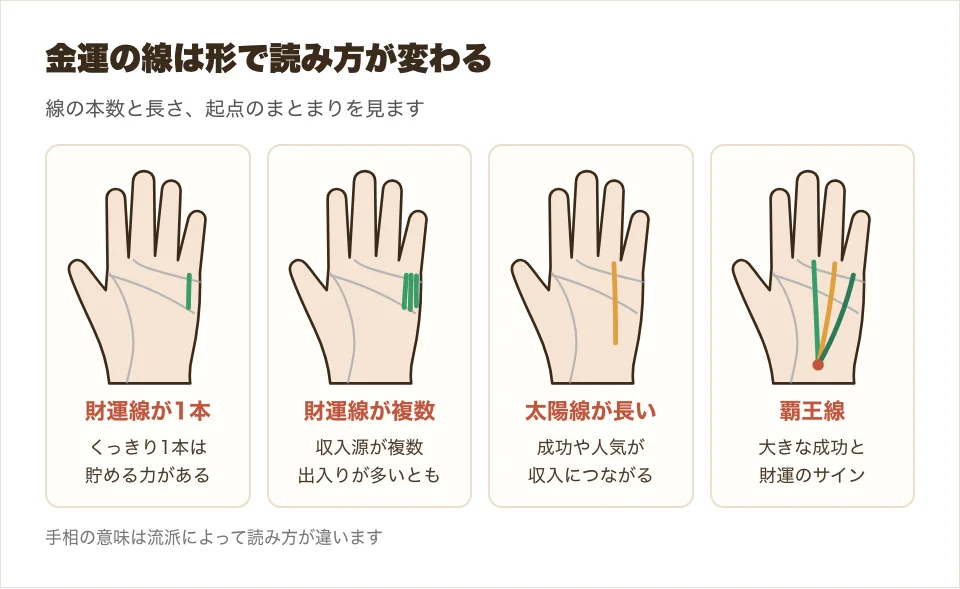 財運線がくっきり1本・財運線が複数・太陽線が長い・覇王線の4つの形を並べた比較図