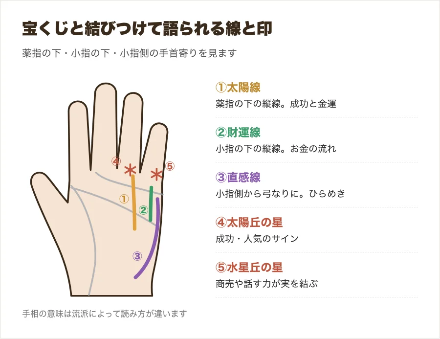 宝くじと結びつけて語られる太陽線・財運線・直感線と、薬指と小指の下の星の位置を示した手のひらのイラスト