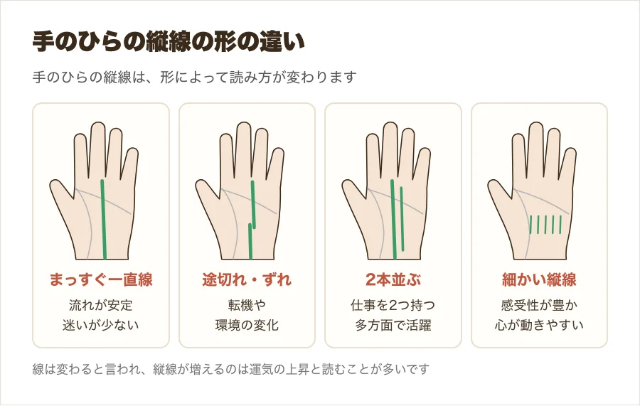 手のひらの縦線の形の違い(一直線・途切れ・2本・細かい縦線)を比べた図