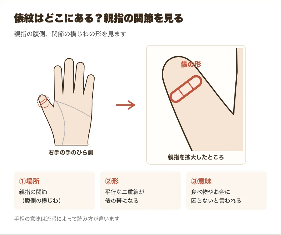 手相の俵紋の位置を示した図解。親指の関節の腹側に、二重線で区切られた俵の形のしわがある