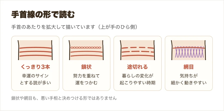 手首線の形の違い(くっきり3本・鎖状・途切れ・網目)を比べた図