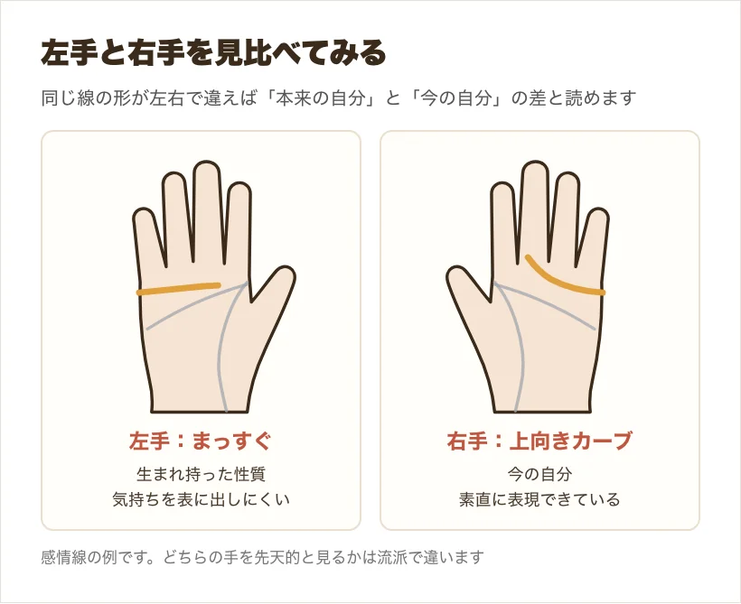 左手と右手を見比べて、生まれ持ったものと今の自分の差を読む図