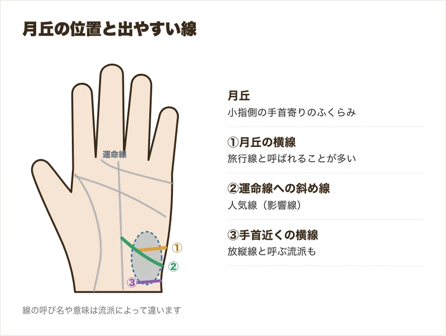 手相の月丘の位置と、月丘から伸びる線・月丘の横線を示した手のひらの図
