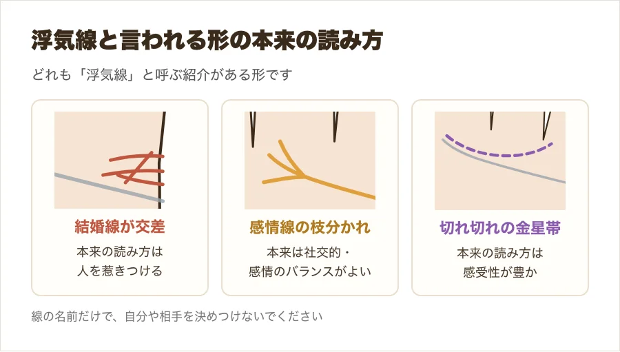 浮気線と呼ばれることがある3つの形と、それぞれの本来の読み方を並べた早見図