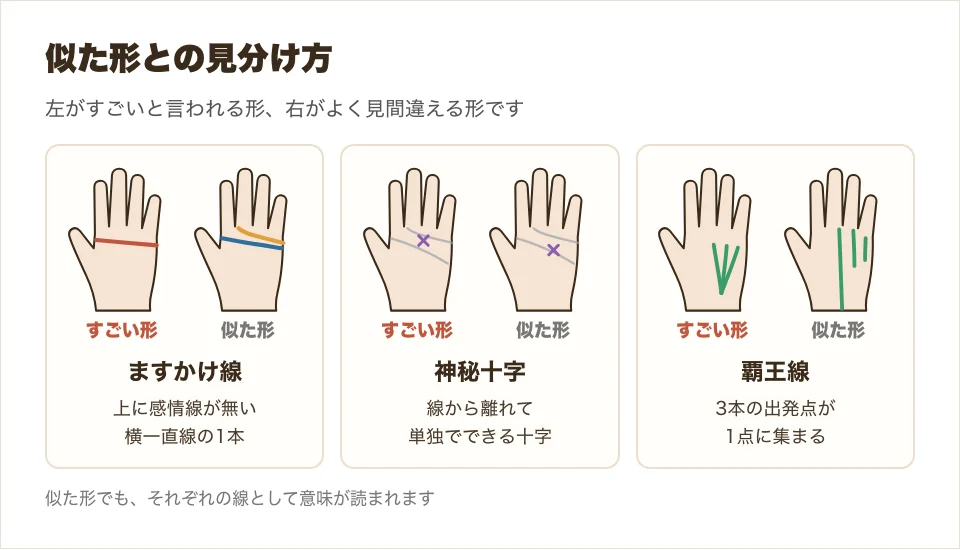 ますかけ線と長い頭脳線、神秘十字と線の上の十字、覇王線とばらばらの縦線を並べて比べた図解